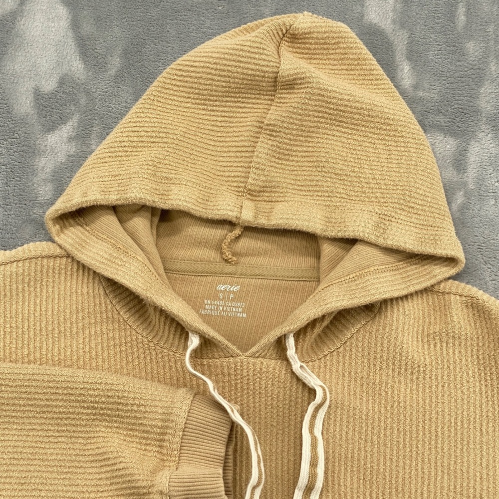 Aerie Hoodie Womens Small Tan Ribbed Cropped Sweatshirt Loungewear Relaxed Fit